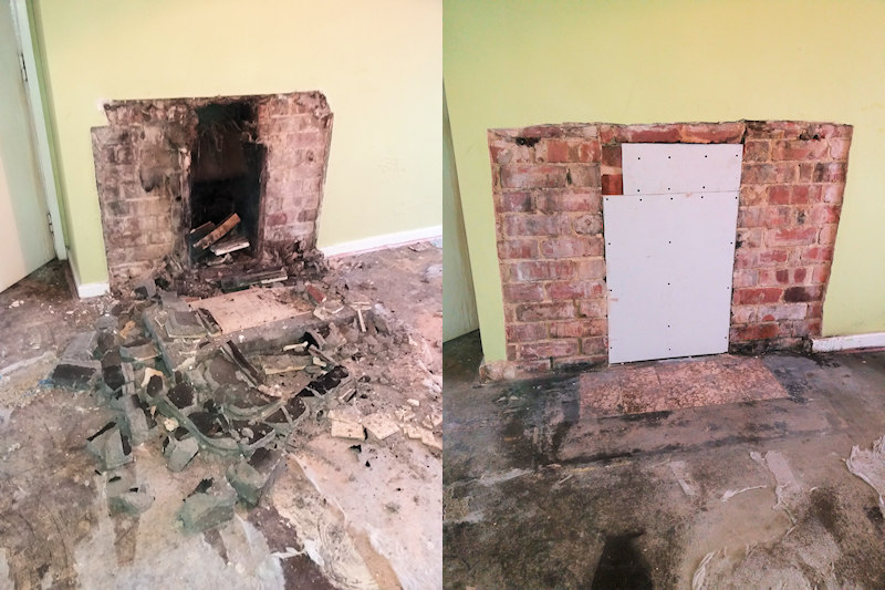 Removal of fireplace and blocking hole with timber and plasterboard in Alderley Edge