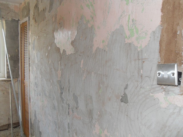 Most of the plaster came off these walls while using a steam stripper.